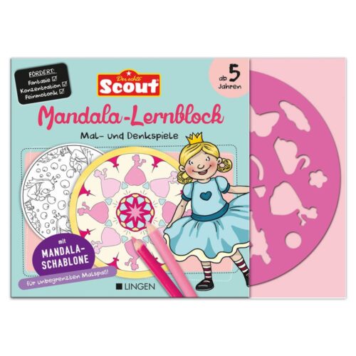 Cover eines Mandala-Malbuchs für Kinder ab 5 Jahren, mit Designs und einer Schablone.