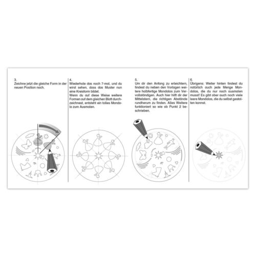 Illustration zur Erstellung eines Mondzyklus-Musters mithilfe einer Schablone mit Schritt-für-Schritt-Anleitung in Deutsch.
