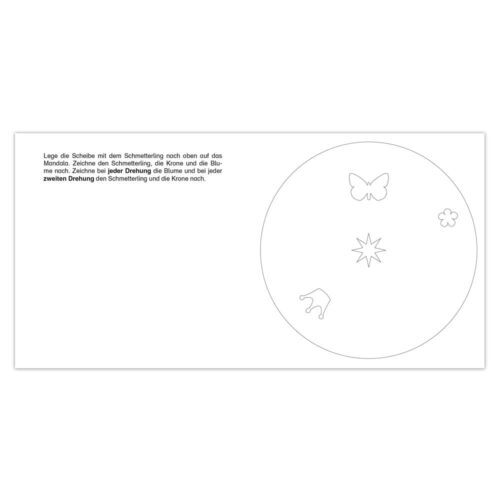 Ein Kreis mit den Umrissen eines Schmetterlings, Sterns, Bären und einer Blume neben deutschem Text auf weißem Hintergrund.