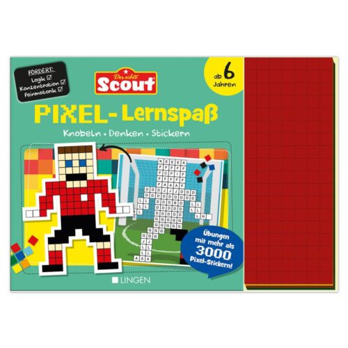 Puzzle-Buchumschlag mit Pixel-Art-Design, einer roten Figur und Stickerbögen für Kinder ab 6 Jahren.