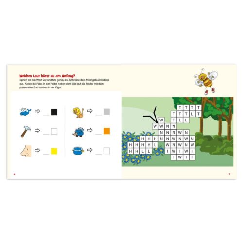 Illustrierte Seite mit einem Puzzle und einer Cartoon-Biene. Das Puzzle verwendet Bilder, um Buchstaben und Farben zuzuordnen.