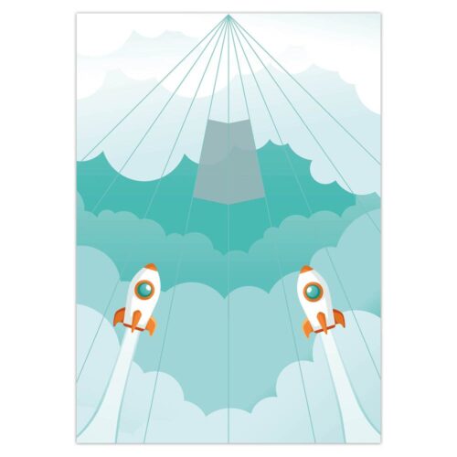Zwei Cartoon-Raketen fliegen vor einem hellblauen Himmel durch stilisierte Wolken nach oben.