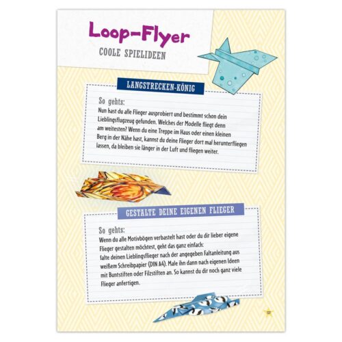 Anleitung zum Basteln von Papierfliegern mit bunten Motiven und Text in Deutsch.