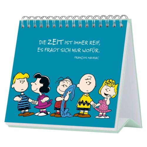 Peanuts-Figuren halten Händchen mit einem deutschen Zitat über die Zeit von François Mauriac auf einem blaugrünen Hintergrund.