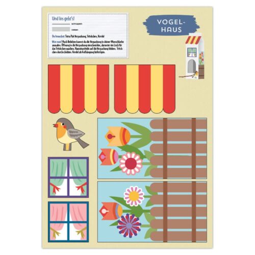 Illustrierter Bastelbogen für ein farbenfrohes Vogelhäuschen mit Blumen- und Vogelmotiven.
