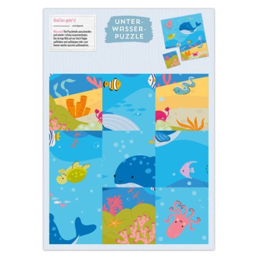 Farbenfrohes Unterwasserpuzzle mit Meerestieren wie Fischen, Walen und Kraken auf blauem und sandigem Hintergrund.