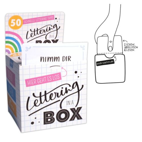 Box mit der Aufschrift „Lettering in a Box“ und einer abgebildeten Hand, die eine Karte zieht. Text auf Deutsch.