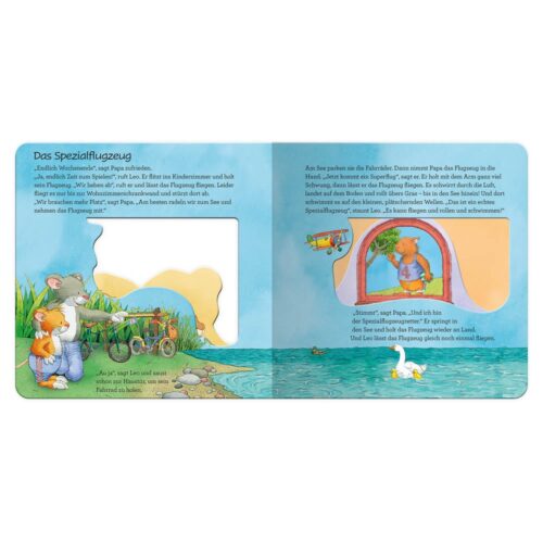 Aufgeschlagenes Kinderbuch mit Abbildungen von Tieren an einem Teich und einer Flugmaschine. Deutscher Text ist sichtbar.