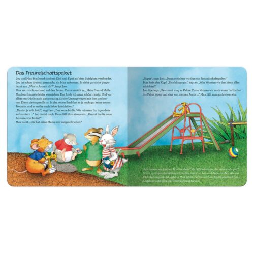 Kinderbuchseite mit Tieren, die Text lesen und neben einer Rutsche spielen.