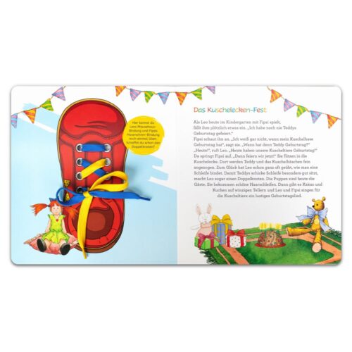 Kinderbuchseite mit einem roten Schuh, bunten Schnürsenkeln und einem Teddybär. Deutscher Text steht auf der rechten Seite.