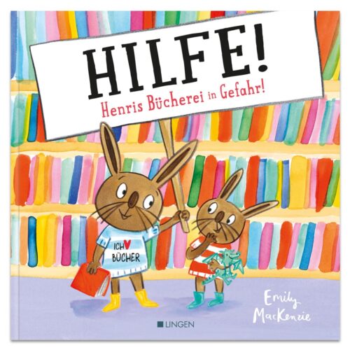 Zwei Comic-Hasen halten ein Schild in einer farbenfrohen Bibliotheksumgebung, deutscher Text auf dem Schild und dem Buch.