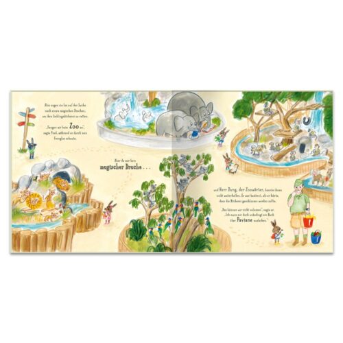 Illustrierte Kinderbuchseite, die einen Zoo mit Tieren und Menschen zeigt, die verschiedene Ausstellungsstücke erkunden.
