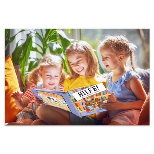 Drei junge Mädchen sitzen auf einem Sofa, lächeln und lesen gemeinsam ein buntes Buch.