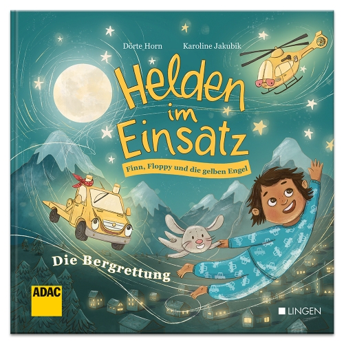 Illustriertes Buchcover, das ein Kind zeigt, das nachts mit einem Häschen fliegt, und eine Rettungsszene aus dem Hubschrauber. Titel in Deutsch.