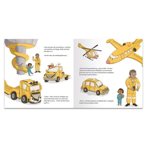Illustrierte Kinderbuchseiten mit Zeichentrickfahrzeugen und -figuren, darunter ein Hubschrauber, ein Lastwagen und zwei Personen.