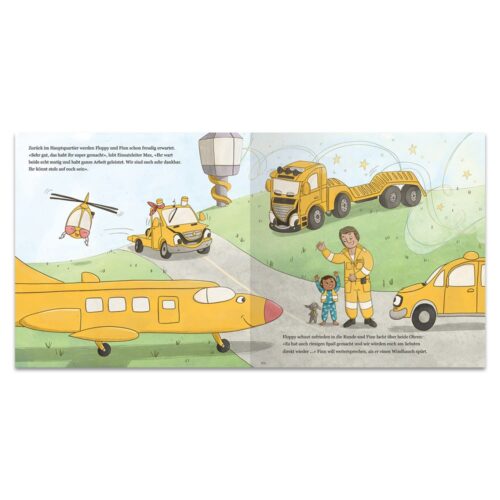 Illustrierte Kinderbuchszene mit gelben Fahrzeugen, einem Piloten und winkenden Kindern auf einer Landebahn.