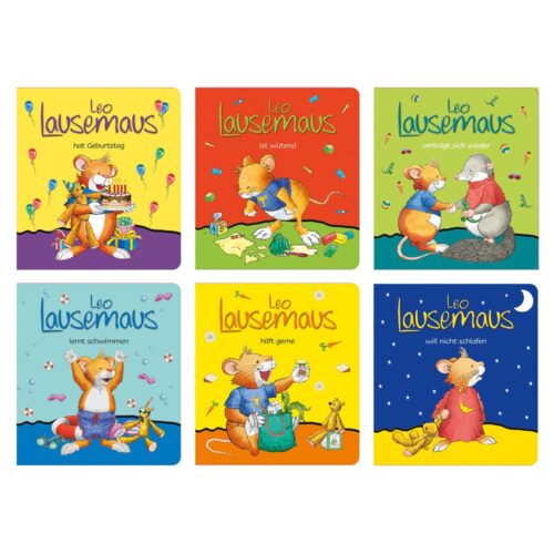 Sechs farbenfrohe Kinderbuchcover mit einer Maus namens Leo Lausemaus in verschiedenen Aktivitäten und Emotionen.