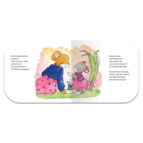 Zwei Mäuse sitzen mit Büchern und Grünzeug zusammen und unterhalten sich. Text auf Deutsch an der Seite.