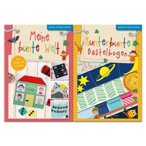Zwei farbenfrohe Bastelbücher für Kinder mit verspielten Motiven rund um Häuser, Planeten und verschiedenen Aktivitäten.