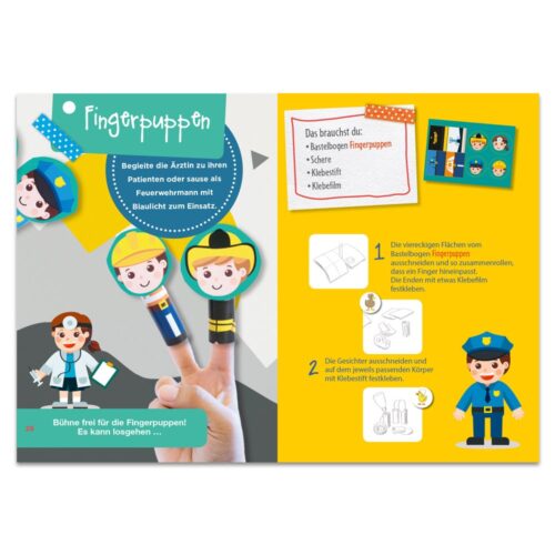 Bastelanleitung für Kinder-Fingerpuppen mit bunten Abbildungen und Materialliste.