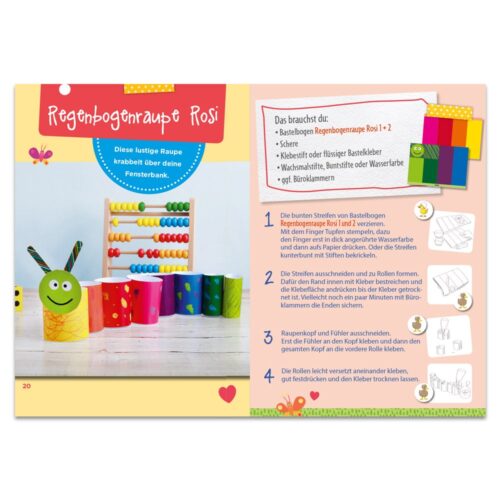 Bastelanleitung zum Herstellen einer Regenbogenraupe mit buntem Papier und der Dekoration einer lächelnden Raupe.