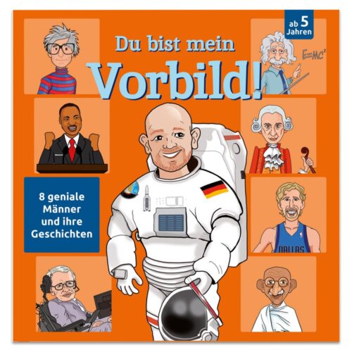 Kinderbuchcover mit illustrierten berühmten Figuren und einem Astronauten in der Mitte. Titel in Deutsch.