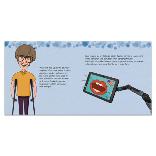 Illustration eines Jungen mit Krücken, einer Tafel mit sprechendem Mund und deutschem Text auf blauem Punkthintergrund.