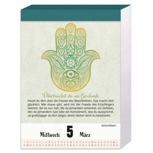 Kalenderblatt mit dekorativer Hamsa-Hand-Illustration und deutschem Text für den 5. März.
