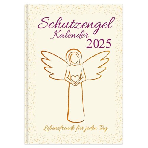 Cover des „Schutzengel Kalenders 2025“ mit einer Engelillustration und deutschem Text.