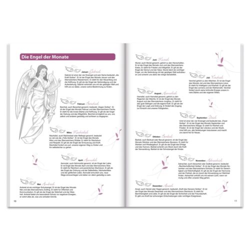 Offenes Buch mit Text über Monatsengel, mit Engelillustration auf der linken Seite und kleinen Flügelgrafiken.