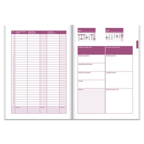 Offener Planer mit Tabelle und Kalender für März und April 2023.