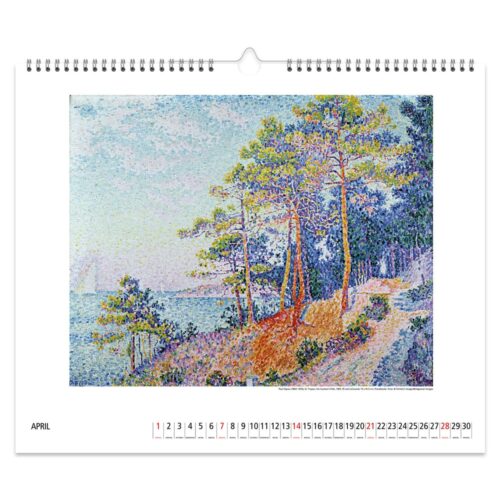 Der Kalender ist bis April geöffnet und zeigt ein pointillistisches Gemälde einer Küstenlandschaft mit Bäumen und einer Uferlinie.