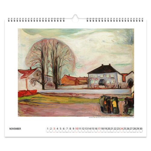 Eine Kalenderseite mit einem expressionistischen Gemälde mit Bäumen, einem Haus und Menschen unter einem bewölkten Himmel für November.