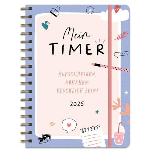 Farbenfroher Planer für 2025 mit Kritzeleien, Notizbuch und Erdbeere auf dem Cover. Deutscher Text: „Mein Timer.