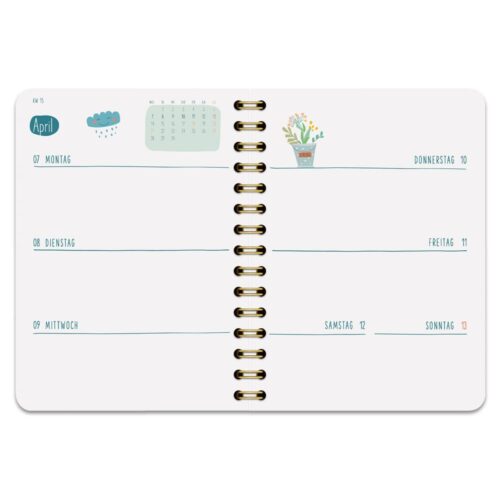 Offener Planer mit April-Daten, buntem Wettersymbol und Pflanzenillustration. Zeilen für jeden Tag der Woche.