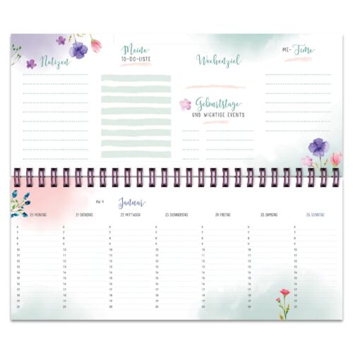 Ein Planer mit Blumenmotiven und Abschnitten für Notizen, Aufgabenlisten, wichtige Ereignisse und einem Kalender.