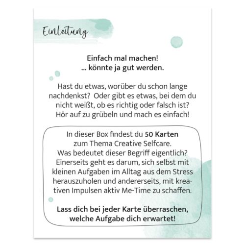 Karte mit deutschem Text zur Selbstfürsorge und Aufgaben zum Stressabbau, umgeben von grünen Aquarellspritzern.
