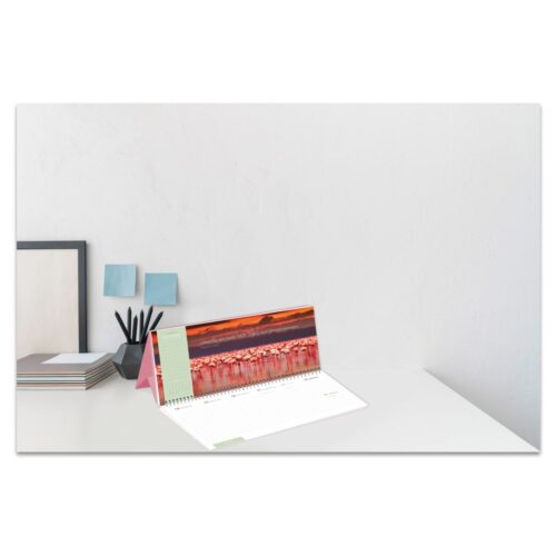 Ein Tischkalender und Schreibwaren auf einem weißen Schreibtisch vor einer hellen Wand.