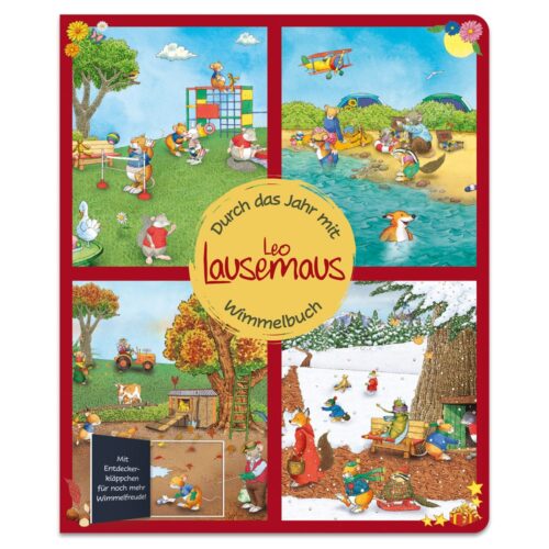 Farbenfrohes Kinderbuchcover, das Mäuse bei verschiedenen saisonalen Aktivitäten zeigt.