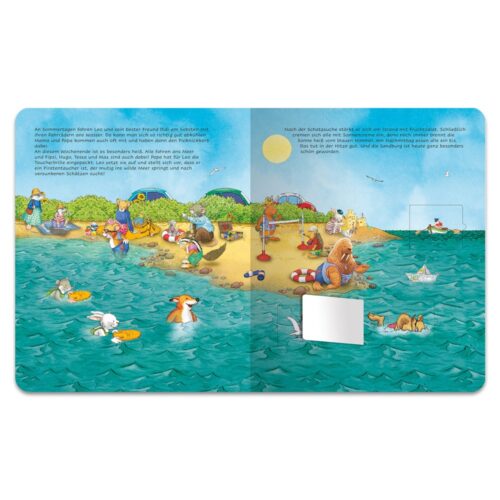Bunte Illustration von Tieren, die einen Tag am Strand mit Aktivitäten wie Schwimmen und Sonnenbaden genießen.